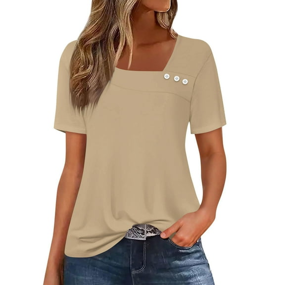 Otntypg Womens Short Sleeve Tunic Tops Casual Asymmetrical V Neck Cute Summer Shirts Button Loose Fit Business Dressy Elegant Blouses Khaki L