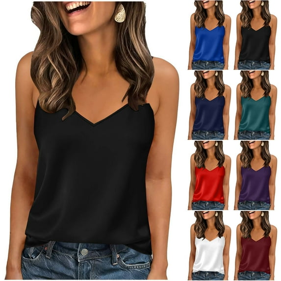 Otntypg Womens Silk Satin Tank Tops Trendy V Neck Casual Cami Vest Sleeveless Camisole Blouses Summer Basic Solid Color Tank Shirt White M