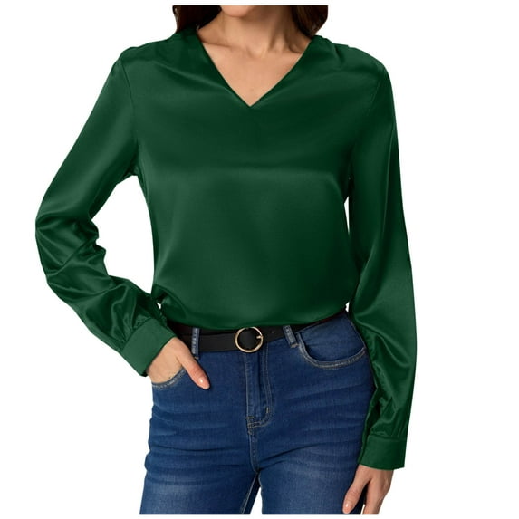 Otntypg Womens Silky Satin Blouses Elegant V Neck Long Sleeve Dress Shirts Business Casual Work Blouse Tops for Women Green XXL