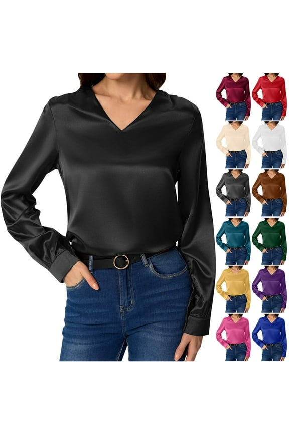 Womens Silky Satin Blouses Elegant V Neck Long Sleeve Dress Shirts Business Casual Work Blouse Tops for Women White S
