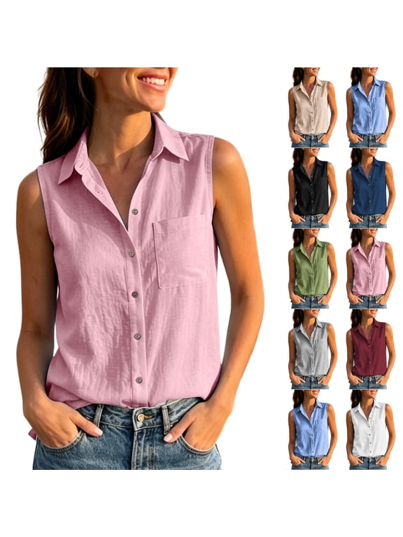 Womens Sleeveless Button Down Shirts Lightweight Soft Cotton Linen Collared Tunic Blouses Trendy Solid Color Lapel V Neck Casual Work Tank Tops with Pockets