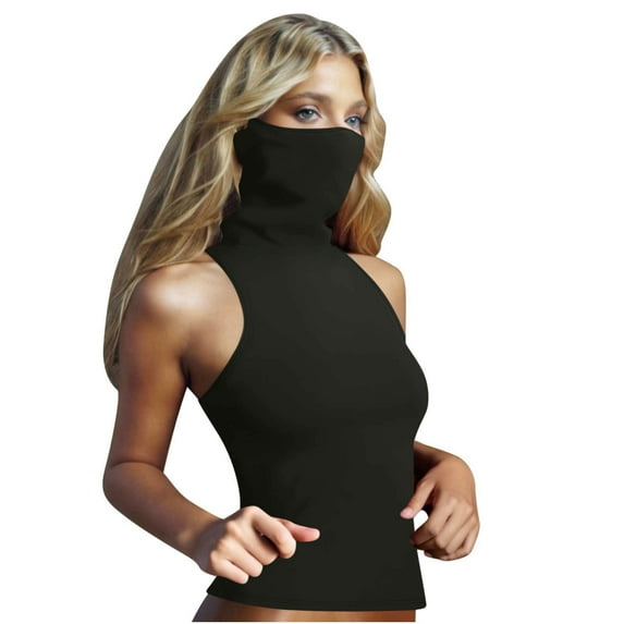 Otntypg Womens Sleeveless Sun Protection Shirt UPF 50+ Rash Guard Shirts with Face Mask Summer Outdoor Athletic Workout Tank Tops Black#01 XXL