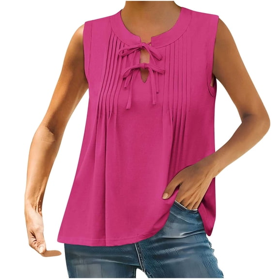 Otntypg Womens Sleeveless Tank Tops Casual Summer Tie Front Crewneck Solid Color Pleated Shirts Summer Loose Fit Flowy Tunic Tops Hot Pink S