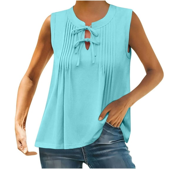 Otntypg Womens Sleeveless Tank Tops Casual Summer Tie Front Crewneck Solid Color Pleated Shirts Summer Loose Fit Flowy Tunic Tops Sky Blue XXL
