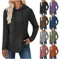 thumbnail image 1 of Otntypg Womens Soft Ribbed Knit Hoodie Sweaters Drawstring Long Sleeve Hooded Pullover T-Shirts Lightweight Cozy Fall Irregular Hem Blouse Tops with Button Decor Blue XL, 1 of 7