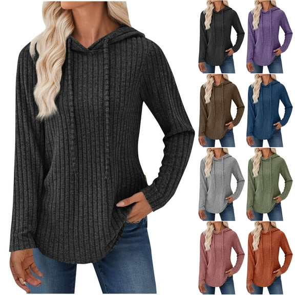 Otntypg Womens Soft Ribbed Knit Hoodie Sweaters Drawstring Long Sleeve Hooded Pullover T-Shirts Lightweight Cozy Fall Irregular Hem Blouse Tops with Button Decor Gray S