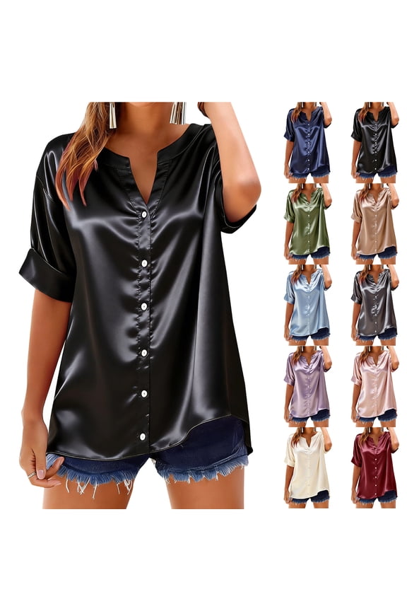 Womens Soft Satin Silk Button Down Shirts Dressy Casual Summer Short Sleeve Work Tunic Shirt Elegant Business Blouses Tops Black XXL