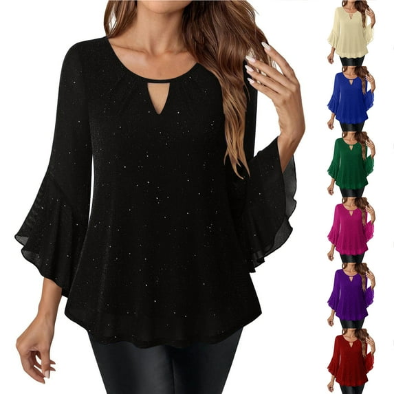 Otntypg Womens Sparkly Tops Dressy Ruffle 3/4 Ruffled Sleeve Flowy Tunic Blouses Elegant Keyhole Crewneck Hollow out Glitter Cocktail Party Evening Shirts Purple XL