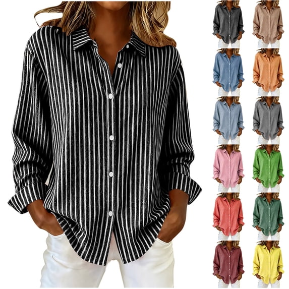 Otntypg Womens Striped Button Down Shirts Cotton Casual Dress Shirt Long Sleeve Collared Office Work Business Blouses Tops Red S
