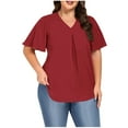 thumbnail image 1 of Otntypg Womens Summer Dressy Chiffon Blouses V Neck 2025 Ruffle Short Sleeve Tunic Tops for Leggings Casual Beach Vacation T-Shirts Wine XXXXXL, 1 of 8