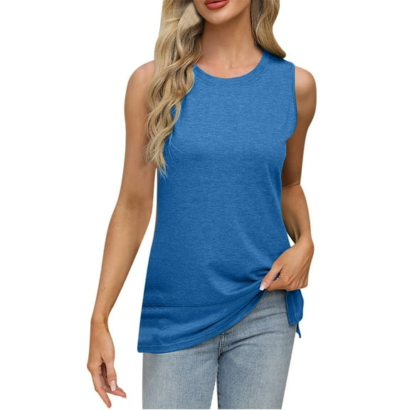 Otntypg Womens Summer Flowy Tank Tops Sleeveless Round Neck Solid Color Casual Side Hem Blouse Loose Fit Basic Tunic Tees Shirt Dark Blue M