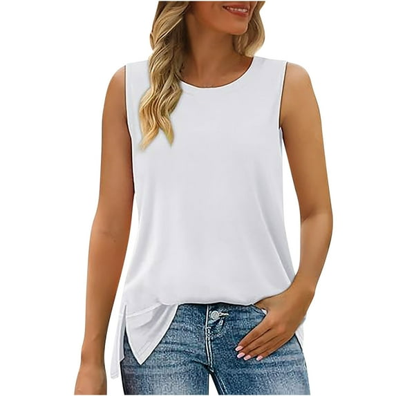Otntypg Womens Summer Flowy Tank Tops Sleeveless Round Neck Solid Color Casual Side Hem Blouse Loose Fit Basic Tunic Tees Shirt White XL
