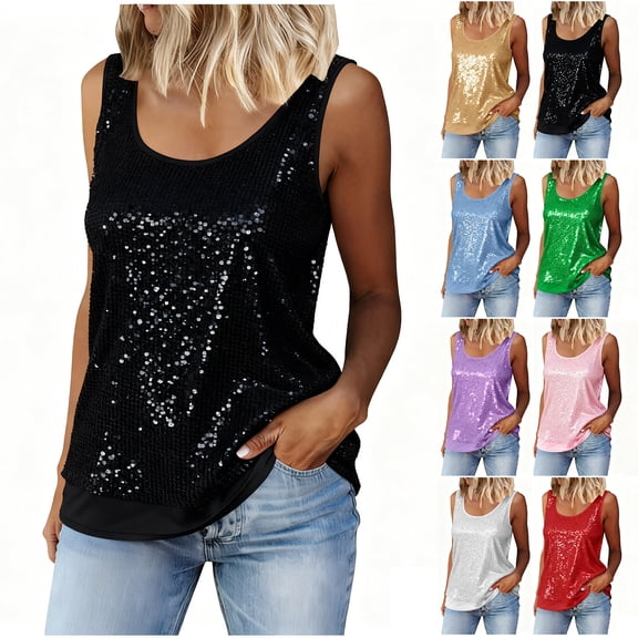 Otntypg Womens Summer Sleeveless Sequin Tops Scoop Fashion Neck Sparkly Shimmer Tanks Tops Loose Flowy Tunic Vest Blouses Gold XXL