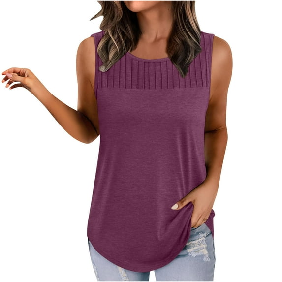 Otntypg Womens Summer Tank Top Casual Solid Color Ruched Pleated Sleeveless Tops Loose Fit Solid Color Crewneck Trendy Shirts Outfits Clothes Wine S