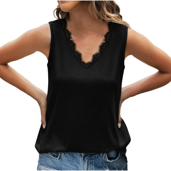 Otntypg Womens Summer Tank Tops Loose Fit Lace Trim V Neck Sleeveless Tops Shirts Trendy Solid Color Dressy Casual Flowy Tunic Blouse Black S