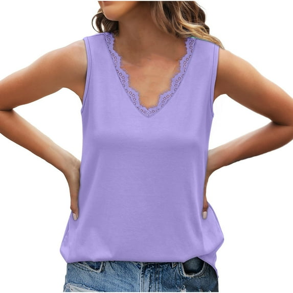 Otntypg Womens Summer Tank Tops Loose Fit Lace Trim V Neck Sleeveless Tops Shirts Trendy Solid Color Dressy Casual Flowy Tunic Blouse Purple M