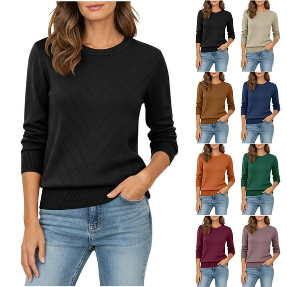 Otntypg Womens Sweaters Crew Neck Long Sleeve Eyelet Crochet Hollow out Tops Knit Soft Pullover Sweaters Cozy Dressy Casual Shirts Fashion Clothing Orange S