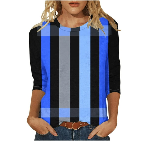 Otntypg Womens T-Shirts Dressy Casual 3/4 Sleeve Striped Color Block Print Summer Crew Neck Oversized Basic Tunic Tees Loose Lightweight Comfy Pullover Tops Blue M