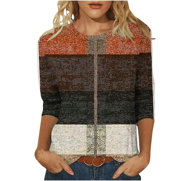 Otntypg Womens T-Shirts Dressy Casual 3/4 Sleeve Striped Color Block Print Summer Crew Neck Oversized Basic Tunic Tees Loose Lightweight Comfy Pullover Tops Coffee XL