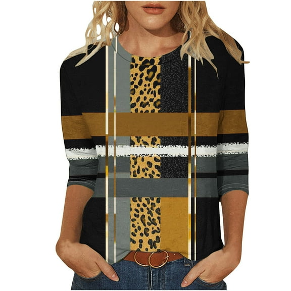 Otntypg Womens T-Shirts Dressy Casual 3/4 Sleeve Striped Color Block Print Summer Crew Neck Oversized Basic Tunic Tees Loose Lightweight Comfy Pullover Tops Brown#01 M