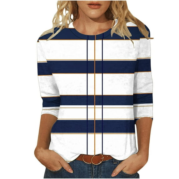 Otntypg Womens T-Shirts Dressy Casual 3/4 Sleeve Striped Color Block Print Summer Crew Neck Oversized Basic Tunic Tees Loose Lightweight Comfy Pullover Tops White#01 XXXXXL