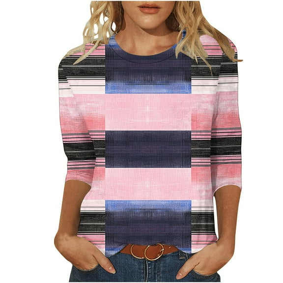 Otntypg Womens T-Shirts Dressy Casual 3/4 Sleeve Striped Color Block Print Summer Crew Neck Oversized Basic Tunic Tees Loose Lightweight Comfy Pullover Tops Pink S