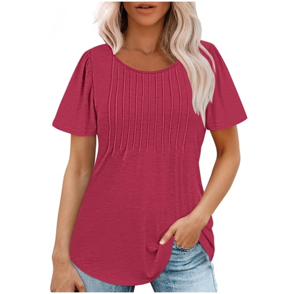 Otntypg Womens T Shirts Summer Short Sleeve Pleated Front Tops Dressy Casual Scooped Neck Tunic Blouses for Leggings Hot Pink#01 L