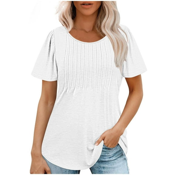 Otntypg Womens T Shirts Summer Short Sleeve Pleated Front Tops Dressy Casual Scooped Neck Tunic Blouses for Leggings White S