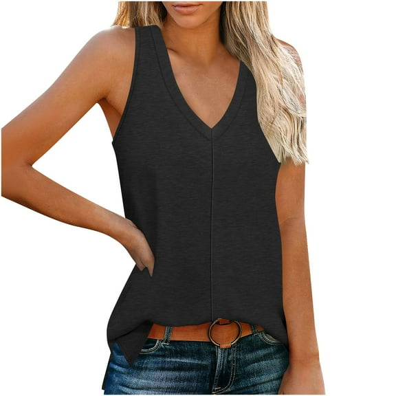 Otntypg Womens Tank Tops Loose Fit Casual V Neck Shirts Flowy Sleeveless Summer Soft Tee Basic Workout Tshirt Trendy Outfits Clothes Black S