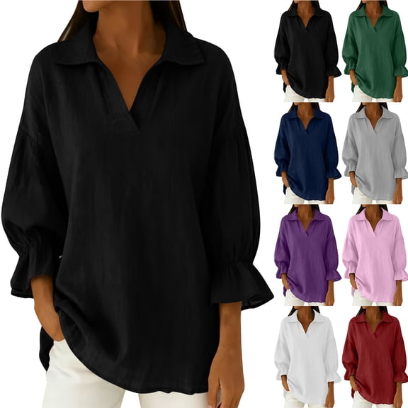 Otntypg Womens Tops and Blouses Lightweight Casual Lapel Collared V Neck Puff 3/4 Length Sleeve Tunic T-Shirts Loose Fit Dressy Beach Vacation Tees Outfits Wine S