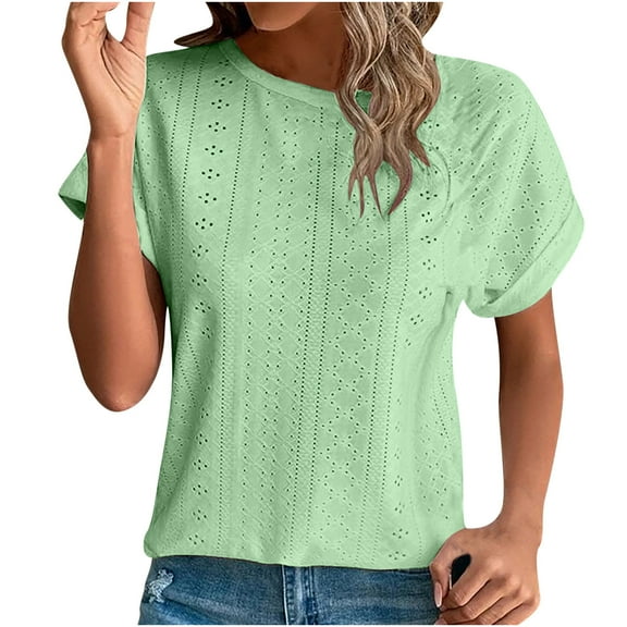 Otntypg Womens Tunic Tops Eyelet Embroidery Summer Oversized Crewneck Curved Hem 2025 Loose Casual Short Sleeve Trendy Plain T Shirts Green XXXL