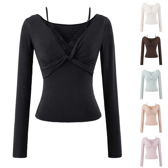 Otntypg Womens Twist Front Lace Trim V Neck Long Sleeve T Shirts Double Lined Slim Fit Trendy Basic Solid Color Work Going Out Tees Top Pink M