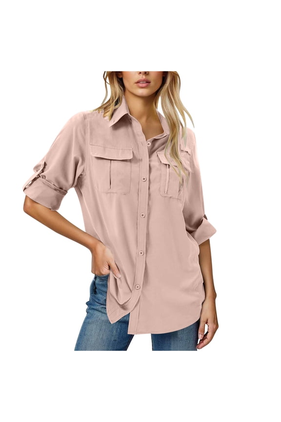 Womens UPF 50+ UV Sun Protection Safari Shirts Casual Button Rolled-up Long Sleeve Outdoor Cool Quick Dry Fishing Hiking Gardening Shirts with Two Chest Pockets Pink S