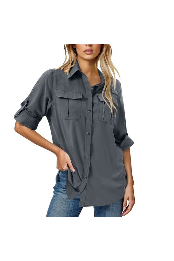 Womens UPF 50+ UV Sun Protection Safari Shirts Casual Button Rolled-up Long Sleeve Outdoor Cool Quick Dry Fishing Hiking Gardening Shirts with Two Chest Pockets Dark Gray XL
