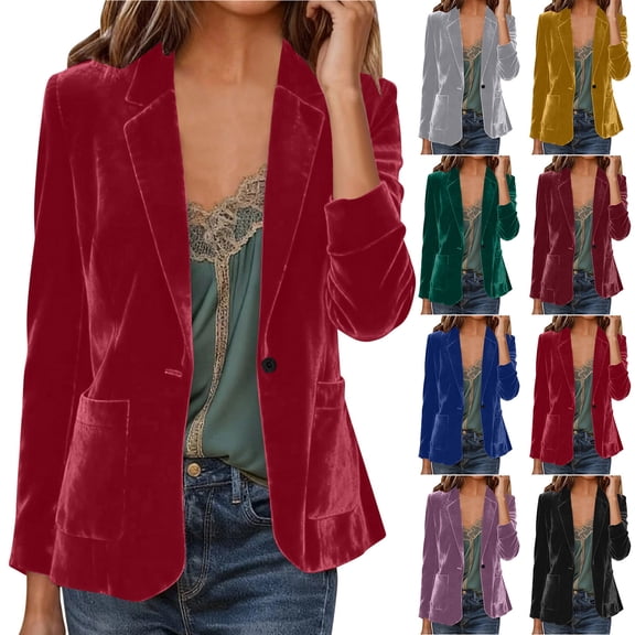 Otntypg Womens Velvet Blazer Business Casual Suit One Button Jackets V Neck Work Office Blazers Vintage Velvet Button Up Suit Coat Dark Gray S