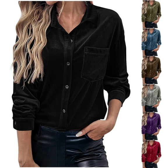 Otntypg Womens Velvet Button Down Shirts Casual Fall Winter Long Sleeve Dressy Casual Vintage Tops Lapel Collared V Neck Elegant Work T-Shirts with Pockets Gray S