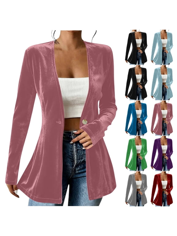 Womens Vintage Velvet Blazer Jacket Dressy Casual V Neck One Button Open Front Cardigan Ladies Retro Slim Fit Work Office Velour Blazers Suit Jackets
