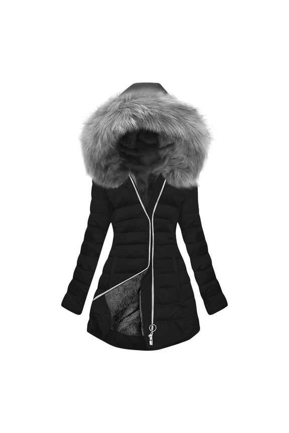 Womens Winter Coats Mid Length Sherpa Fleece Lined Thick Warm Heavy Weight Slim Fit Basic Jackets Thickened Windproof Outerwear with Fuzzy Trim Hood Black L