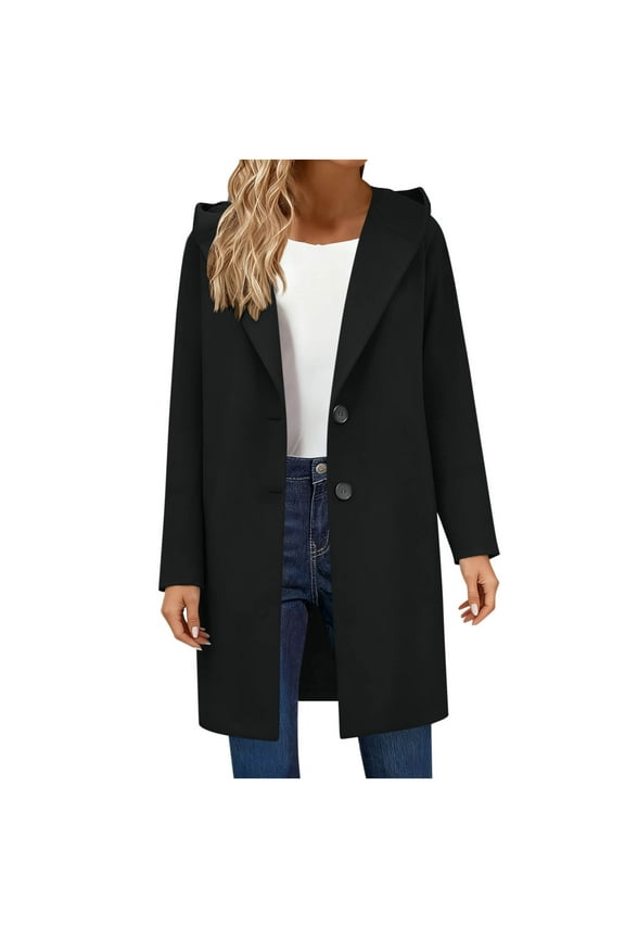 Womens Wool Blend Pea Coat Fashion Fall Winter Dressy Long Sleeve Knee-Length Overcoat Single Breasted Trench Jackets with Hood Black XL