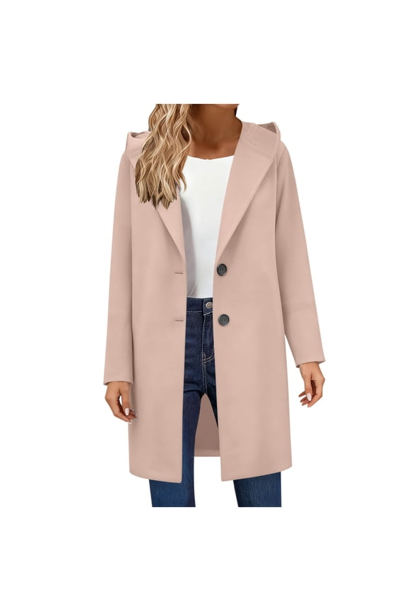 Womens Wool Blend Pea Coat Fashion Fall Winter Dressy Long Sleeve Knee-Length Overcoat Single Breasted Trench Jackets with Hood Khaki L