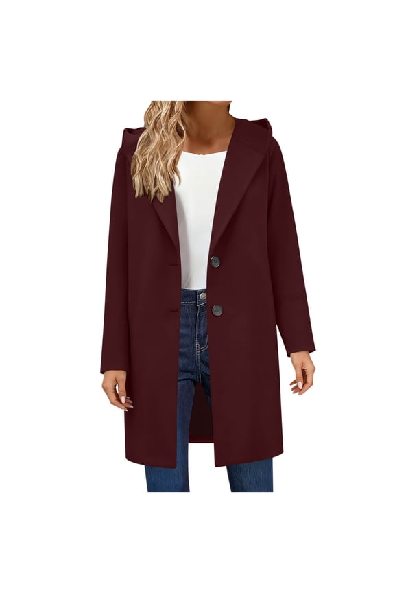 Womens Wool Blend Pea Coat Fashion Fall Winter Dressy Long Sleeve Knee-Length Overcoat Single Breasted Trench Jackets with Hood Wine XXL