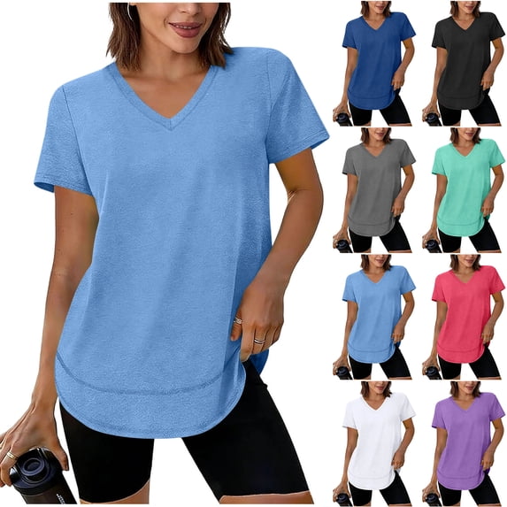 Otntypg Womens Workout Tops Short Sleeve Shirts Sun Protection UPF 50+ Quick Dry Outfits for Hiking Running Loose Irregular Hem V Neck T-Shirts Hot Pink XL