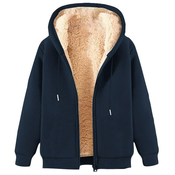 Otntypg Womens Zip Up Hoodie Heavyweight Fleece Lined Jacket Sherpa Long Sleeve Drawstring Hooded Sweatshirt Plush Thick Warm Winter Fashion Coat for Women Navy XXL