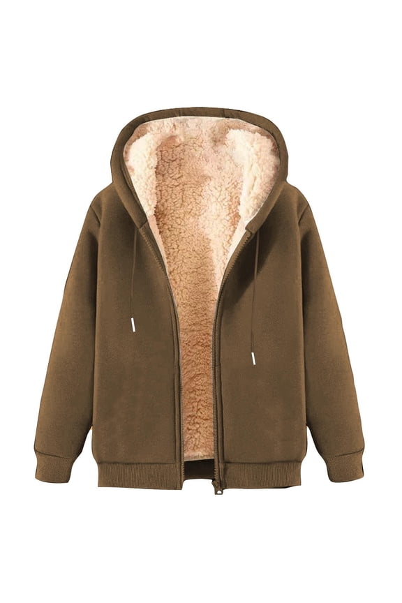 Womens Zip Up Hoodie Heavyweight Fleece Lined Jacket Sherpa Long Sleeve Drawstring Hooded Sweatshirt Plush Thick Warm Winter Fashion Coat for Women Brown L
