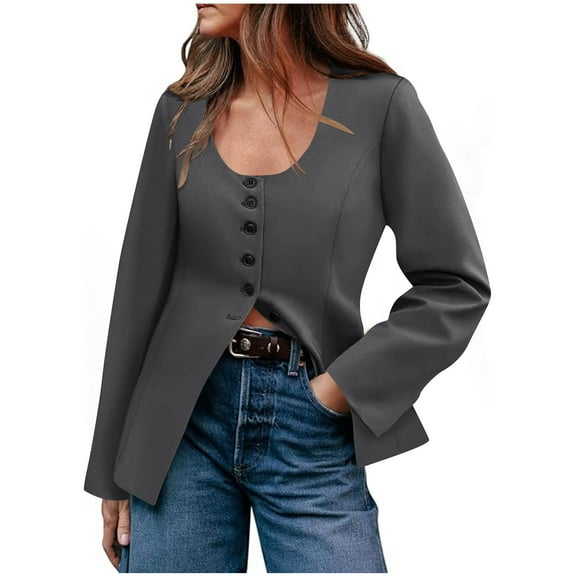 Otntypg Work Blazers for Women Fashion Fall Long Sleeve Button Down Scoop Neck Baisc Slim Fit Suit Jacket for Casual Busines Dark Gray L