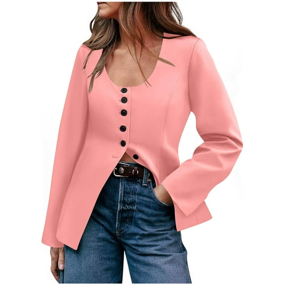 Otntypg Work Blazers for Women Fashion Fall Long Sleeve Button Down Scoop Neck Baisc Slim Fit Suit Jacket for Casual Busines Pink XXL