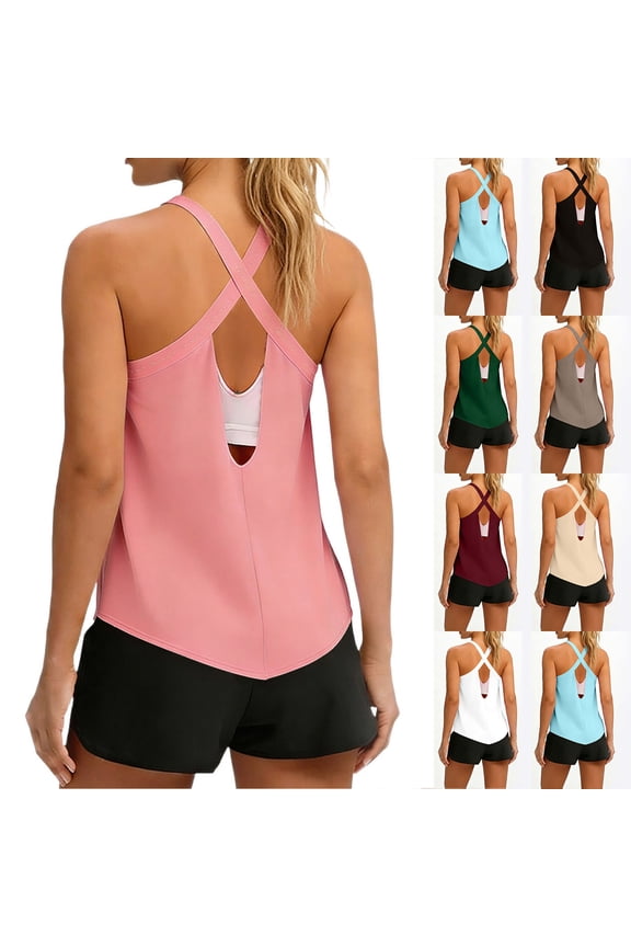 Workout Tank Tops for Women Loose Fit Casual Basic Solid Color Sleeveless Cross Open Back Racerback Athletic Muscle Tee Shirts Quick Dry Summer Runing Gym Yoga Top