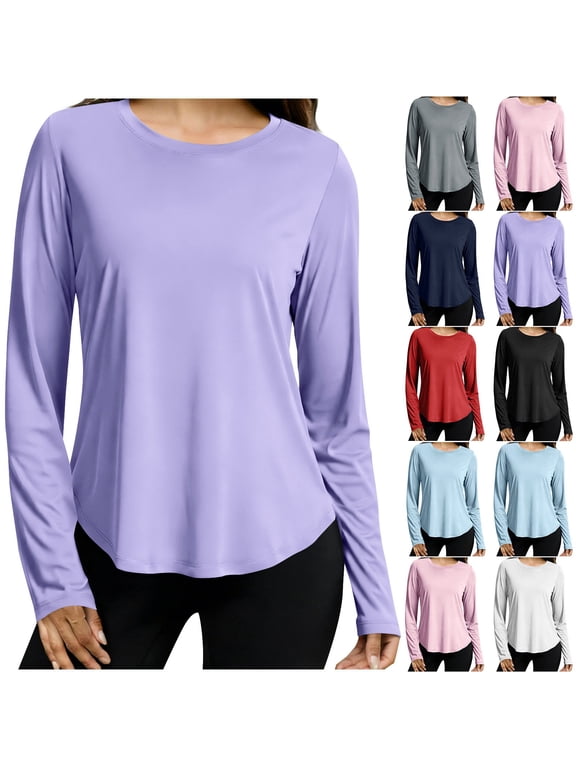 Workout Tops for Women Quick Dry Long Sleeve Yoga Sun Protection Shirts Trendy Crew Neck Athletic Top Loose Fit for Running Gym Hiking Rash Guard Black L
