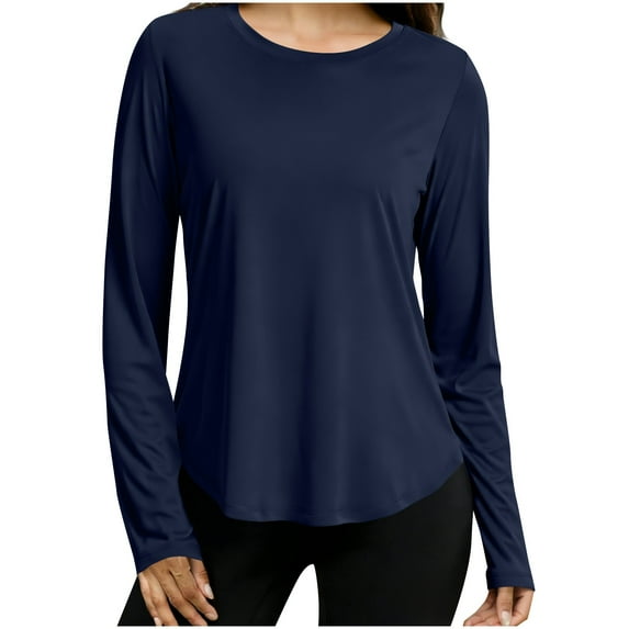 Otntypg Workout Tops for Women Quick Dry Long Sleeve Yoga Sun Protection Shirts Trendy Crew Neck Athletic Top Loose Fit for Running Gym Hiking Rash Guard Navy M