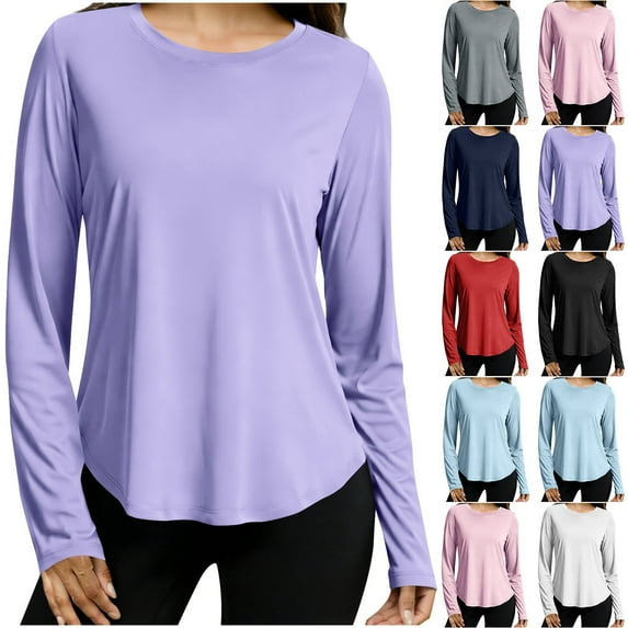 Otntypg Workout Tops for Women Quick Dry Long Sleeve Yoga Sun Protection Shirts Trendy Crew Neck Athletic Top Loose Fit for Running Gym Hiking Rash Guard Purple M